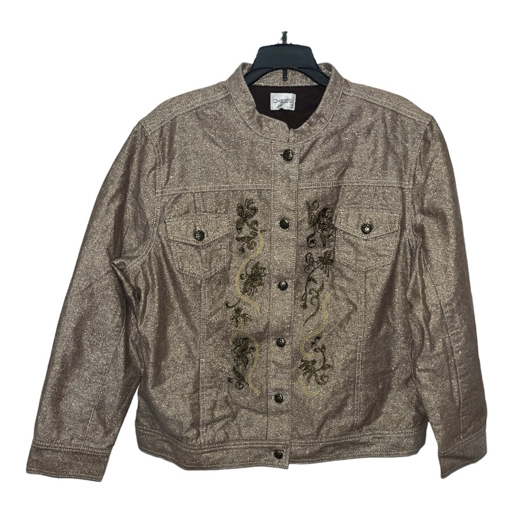 Chico's Tan Gold Metallic Shimmery Embroidered Lined Button Up Jacket